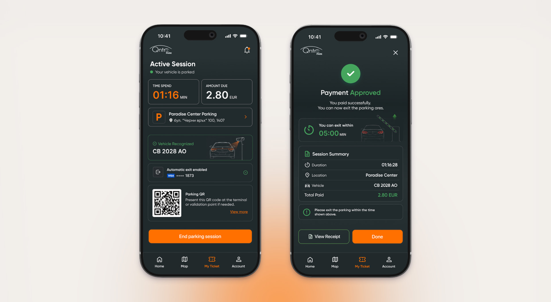 Payment approved and active session screens
